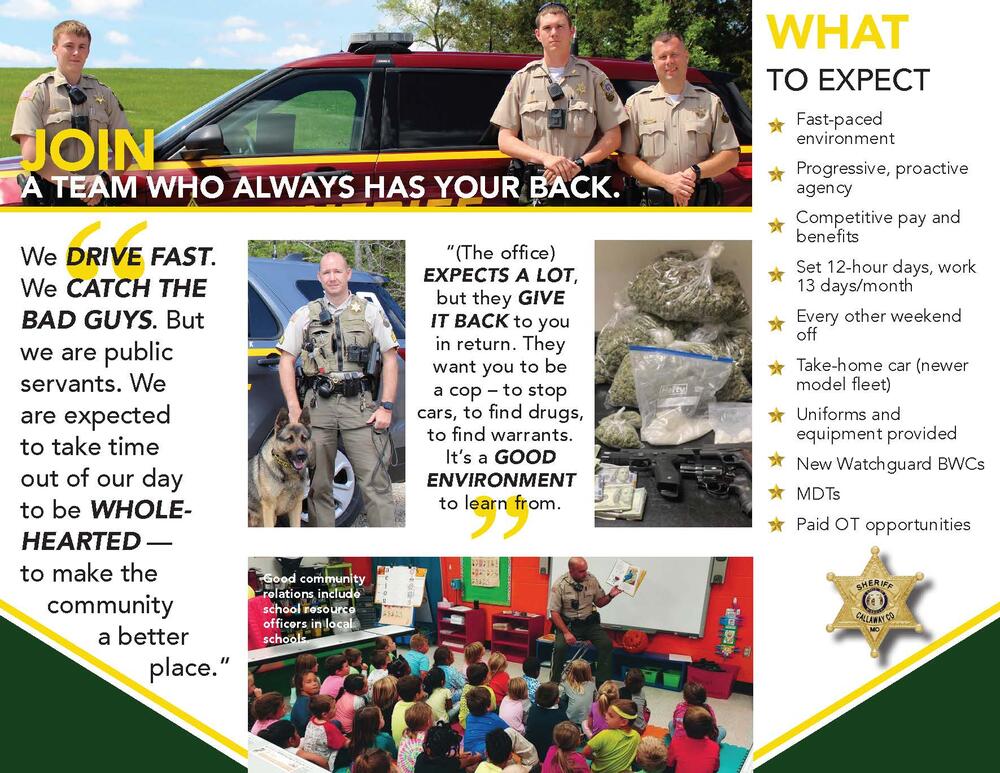 The inside of the Callaway County Sheriff's Office trifold recruitment brochure showing several photos of deputies and Sheriff Chism in uniform, one of whom is reading to a group of children.  Also pictured is one of the sheriff's office German shepherds with his handler. 
